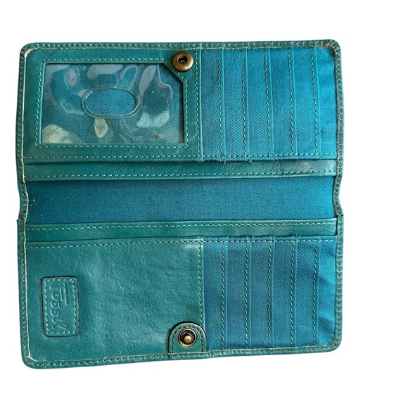Fossil Spring Green Tooled Embroidered Floral Long Bifold Wallet Genuine Leather - Picture 3 of 4